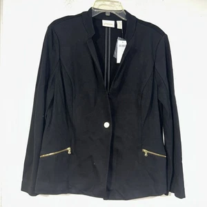 Women Chicos Black Ponte Ribbed Knit Blazer 2 (L) 1 Button Zip Pockets Peplum - Picture 1 of 6