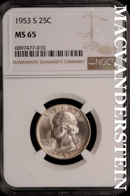 1953-S Washington Quarter - NGC MS 65 - Scarce  No Reserve  #SLJ192 - Image 1 of 2