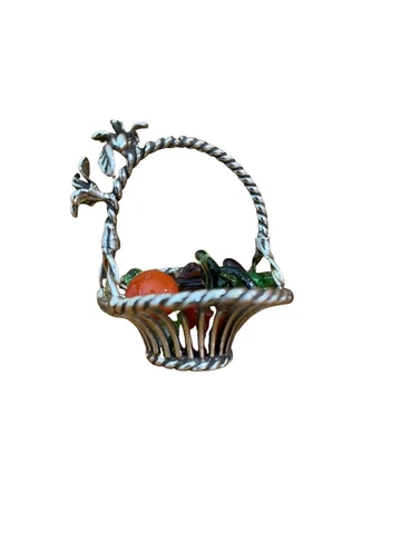 Sterling Miniature Filigree Style Floral Basket With 4 Miniature Glass Fruits Cover