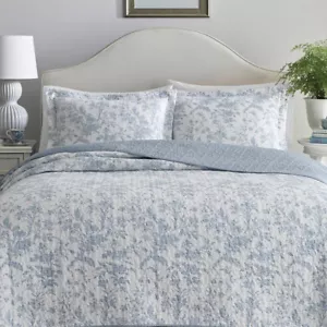 Laura Ashley Amberley Blue & White Floral COTTON Full/Queen Quilt Set - Picture 1 of 5