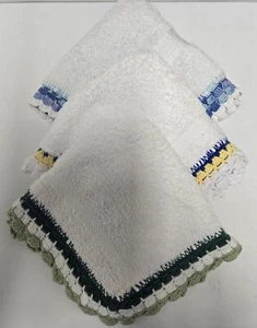 Hand Crochet Edged In  Green Yellow Blue White Guest Towels  11 × 11 In. Granny - Picture 1 of 8