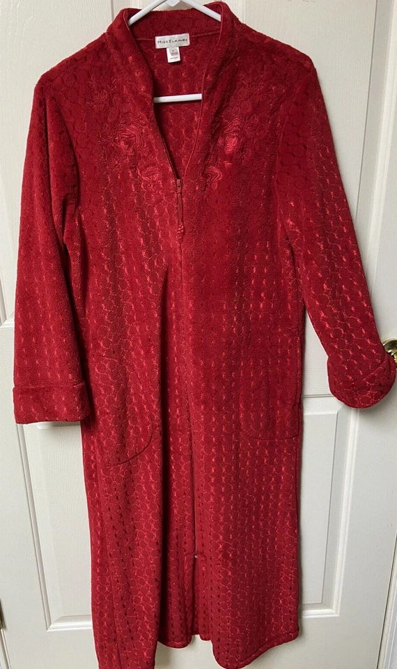 Miss Elaine Womens Embroidered Red Floral Front Zipper Pockets Robe - Image 1 of 4