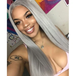 Women's Full Wig Gray Long Straight Synthetic Lace Front Wig Hair Heat Resistant - Picture 1 of 12