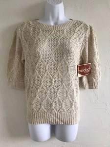 Vintage 70's I. Magnin BELDOCH POPPER Beige Short Sleeve Top Sweater Open Knit M - Picture 1 of 6