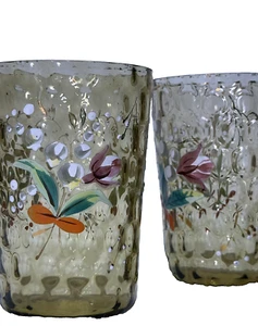 Antique Victorian Amber Glass Optic/Coin Dot Hand Painted Flowers Tumbler Moser - Picture 1 of 8