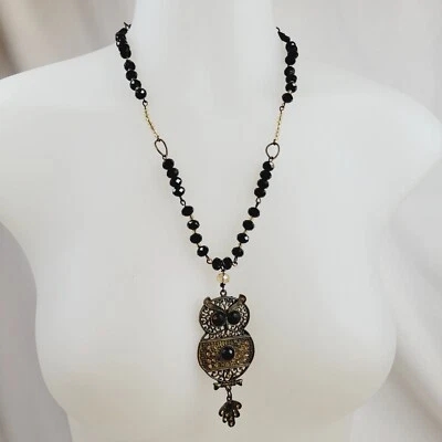 Colar de joias da moda boho pingente coruja bronze envelhecido e strass preto - Imagem 1 de 4