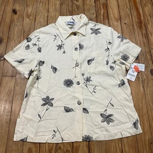 Vintage Camp Shirt Women XL 18W Floral Butterfly Linen Rayon MADE USA Deadstock - Picture 1 of 10