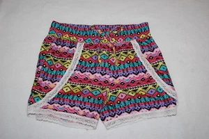 Girls Shorts MULTI-COLOR Dressy Casual AZTEC TRIBAL GEOMETRIC Lace Trim XL 14-16 - Picture 1 of 1