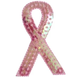 Pink Sequin Ribbon Applique Patch - Breast Cancer Awareness Badge 2" (Iron on) - Picture 1 of 1