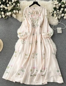 Spring Summer Elegant Floral Print Long Dresses Woman Sweet Bow Collar - Picture 1 of 5