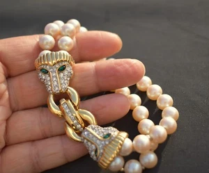 Givenchy Statement Rhinestone Lion Heads Double Strand Faux Pearl Bracelet 1980s - Picture 1 of 10