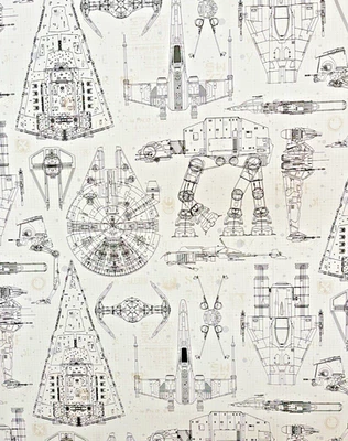 Star Wars Blueprint Black White Peel and Stick Wallpaper York Brand 20.5"x16.5' - Image 1 of 4