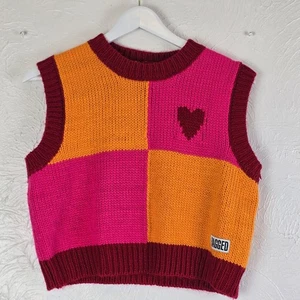 Ragged Jeans Cropped Herz Colourblock Strick Pullover Weste Rosa Orange Größe S - Bild 1 von 13