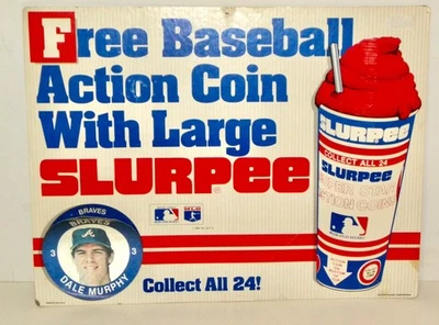 Letrero de exhibición de tienda vintage de moneda de acción DALE MURPHY SLURPEE 7-Once de doble cara Foto 1 de 4