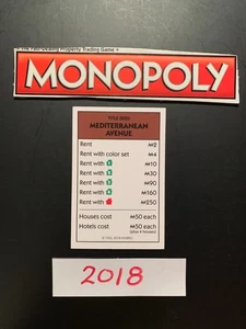 Monopoly 2018 MEDITERRANEAN AVENUE Title Deed Card Replacement Card HASBRO - Picture 1 of 4