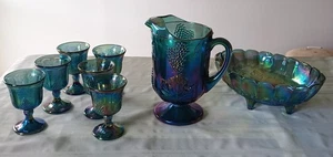 Vintage Indiana Glass Blue Carnival Harvest Grape 8pc Set Pitcher Goblets Bowl - Picture 1 of 17
