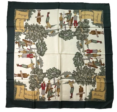 RARO Bufanda Cuadrada de Seda Burberrys Vintage 34" Borde Verde Golf Estampado Novedad Foto 1 de 4