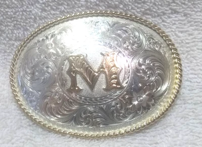 Montana Plateros Flor Plata Filigrana Letra M Cinturón Hebilla Cuerda Borde Excelente Foto 1 de 4