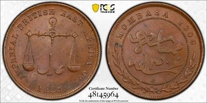 1888 (AH1306) C/M MOMBASA Bronze PICE PCGS MS-63BN - KM-1.5 Med Letters - Bild 1 von 2