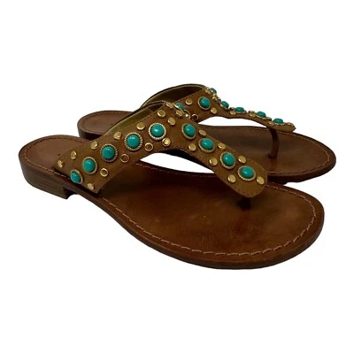 Sandálias de couro marrom cravejadas de ouro turquesa Antonio Melani Maya EUA 6,5 - Imagem 1 de 4