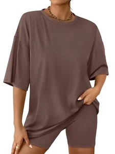 Summer 2025 Women 2 Piece Lounge Set Oversized Shirt & Biker Shorts Brown - Picture 1 of 5