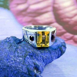 Natural Citrine & Sapphire Gemstones with 925 Sterling Silver Ring for Men's #9 - Picture 1 of 3