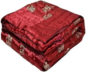 Indian Satin Silk Quilt, Handmade Cotton Filled Quilt, Hand Stiched Satin Quilt - Picture 1 of 151