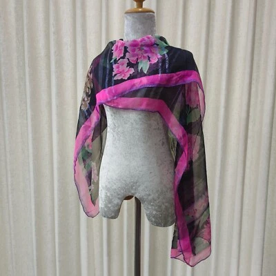 L310 LEONARD Rosa Flor Negro con Brillo Hilo Morado Seda 27 x 68 pulgadas Foto 1 de 4