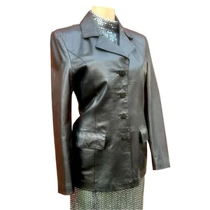 Vintage Evoque Black Leather Blazer with Tailored Fit and Notched Lapel Size M - Picture 1 of 9