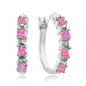 Sterling Silver Created Pink Opal and Diamond Accent Hoop Earrings - Picture 1 of 3