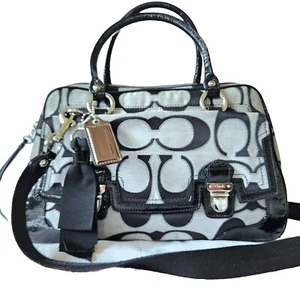 COACH Patent Leather Sig C Jacquard Poppy Lg Crossbody Satchel Grey Silver Black - Picture 1 of 18