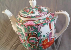 Vintage handbemalte asiatische Teekanne signiert floral Goldrand - Bild 1 von 14