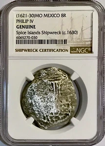 Antigua Moneda Tesoro Plata 1621-30 México 8R Real Felipe IV Cob NGC Gen Naufragio - Imagen 1 de 2