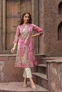 Women Indian Kurta Set ; Pink/Red Floral Printed Lace Details Kurta Trouser Set - Picture 1 of 14