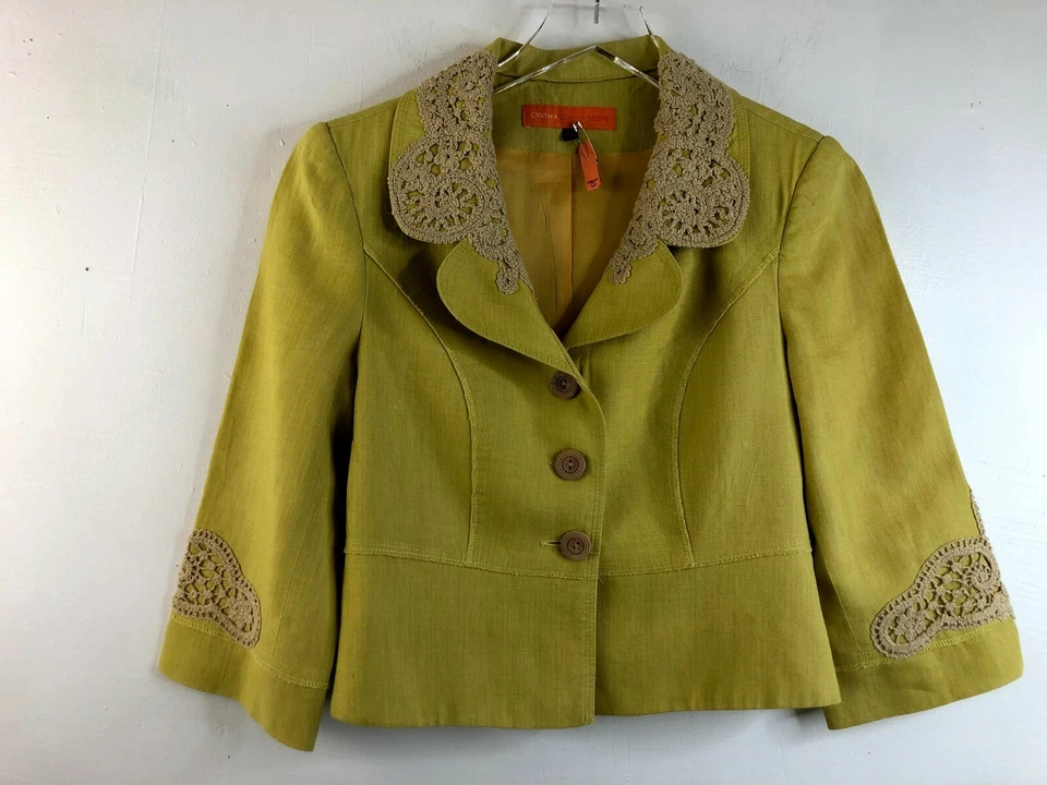 Cynthia Steffe Women's Size 2 Jacket Blazer Yellow Green Cotton Lace Appliques - Image 1 of 4