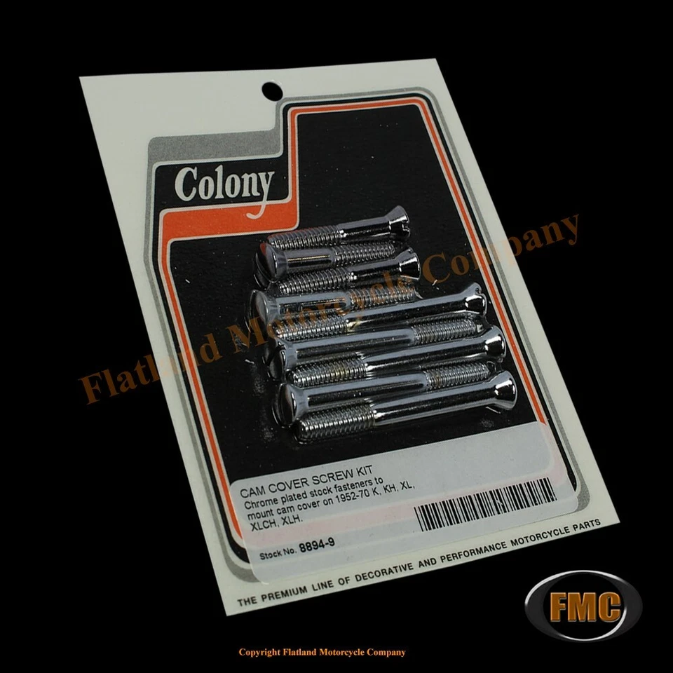 Colony 8894-9, Cam Cover Screw Kit, 1952-70 K, KH, XL, XLH & XLCH, Chrome Foto 1 de 1