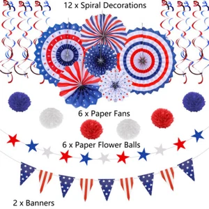 26x New 4th of July American Flag Independence Day Party Supplies Paper Fans Set - Picture 1 of 7