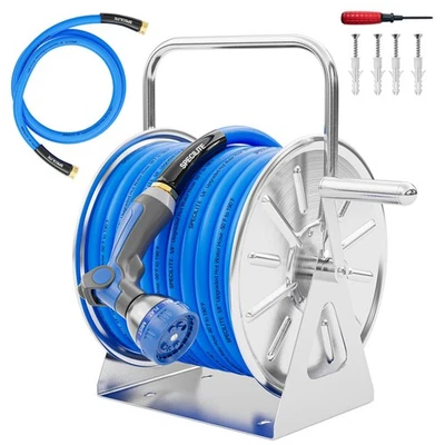 Stainless Steel Garden Hose Reel with 5/8'' x Hot/Cold 75 FT Water Hose and 6... - Image 1 of 4