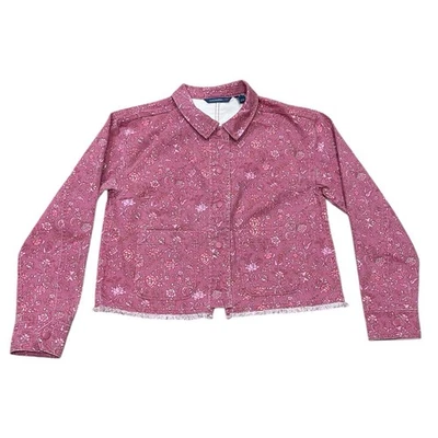 Chaqueta de mezclilla floral rosa ISAAC MIZRAHI LIVE para mujer talla pequeña S flecos inferiores usada en excelente estado Foto 1 de 4