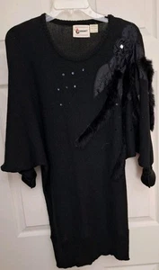 VTG Coronet Black Knit Shift Dress Beaded Faux Fur Rhinestone 1980s Size L - Picture 1 of 6