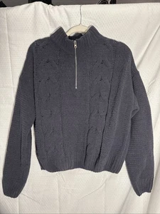 Hooked Up By IOT Navy Cable knit Sweater With 1/4 zip - Picture 1 of 8