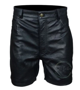 Pantaloncini uomo premium pelle nera cerniera vera pelle casual 5 tasche - Foto 1 di 2