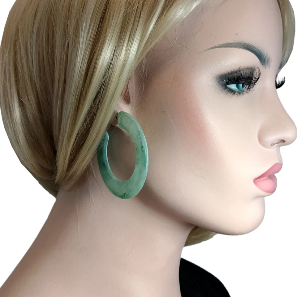 Earrings Hoop Big Bold Statement Wide Clear Lucite Marbled Patina Green 2 1/4" - Image 1 of 4
