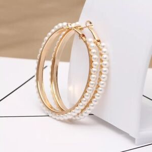 Trendy Fashion Round Gold Pearl Hoop Earrings UK Seller