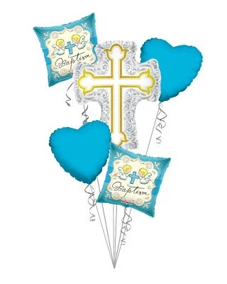 Baby Boy Christening, Baptism Silver & Gold Cross Balloon Bouquet (5 Balloons) - - Image 1 of 4