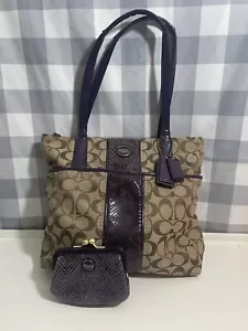 Coach Monogram Khaki Purple Tote Shoulder Bag With Matching Coin Purse - Picture 1 of 21