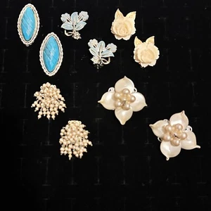 VINTAGE clip on earrings silver tone turquoise flowers beads faux pearls BSK - Bild 1 von 10