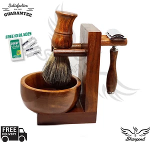 Brown 4 Piece Shaving Set | DE Safety razor & Badger Brush | Men's Gift Kit - Picture 1 of 11