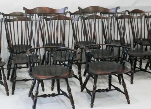 Set of 10 D.R. Dimes Lancaster Fan Back Black Windsor Chairs Carved Mouse Ears Cover