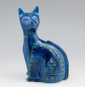 Vintage Rimini Blue Bitossi Cat Statue Sculpture By Aldo Londi 1960s ITALY - Picture 1 of 5